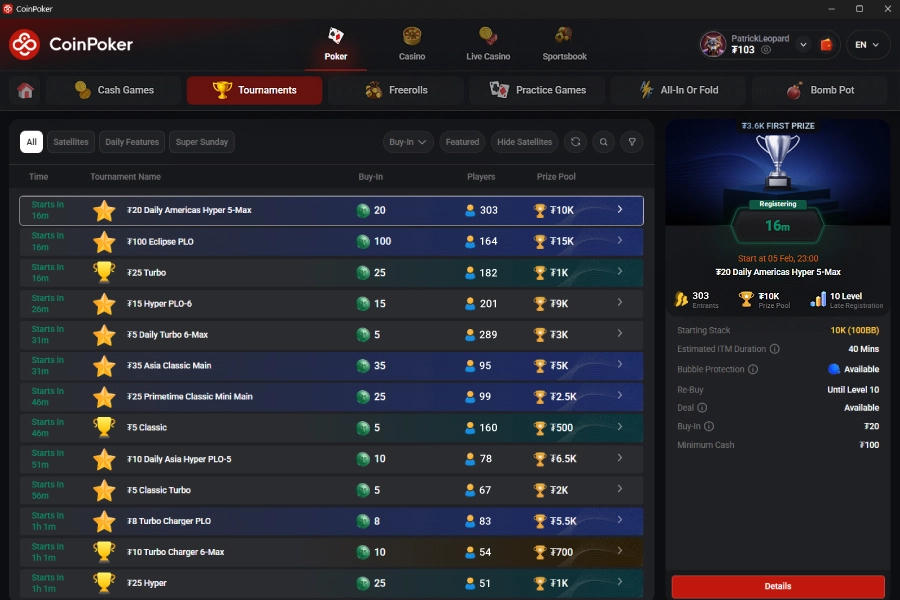 The CoinPoker tournament lobby